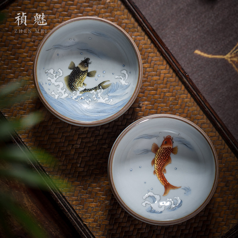 汝窑内绘鲤鱼普洱杯景德镇茶具杯鱼品茗杯主人杯功夫茶杯单杯茶杯