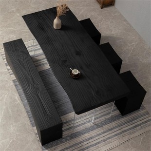 侘寂风碳化黑色实木餐桌简约原木大板桌亚克力悬浮泡茶桌木桌子