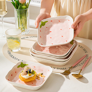 可爱陶瓷盘子菜盘家用方盘菜碟子高颜值深盘釉下彩餐具套装组合