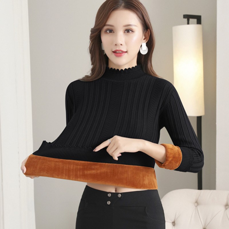 热销针织加绒加厚打底衫女大码 胖mm