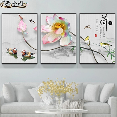 中式花鸟禅图挂新荷花画装饰客厅水墨莲花国画沙发壁画画意背