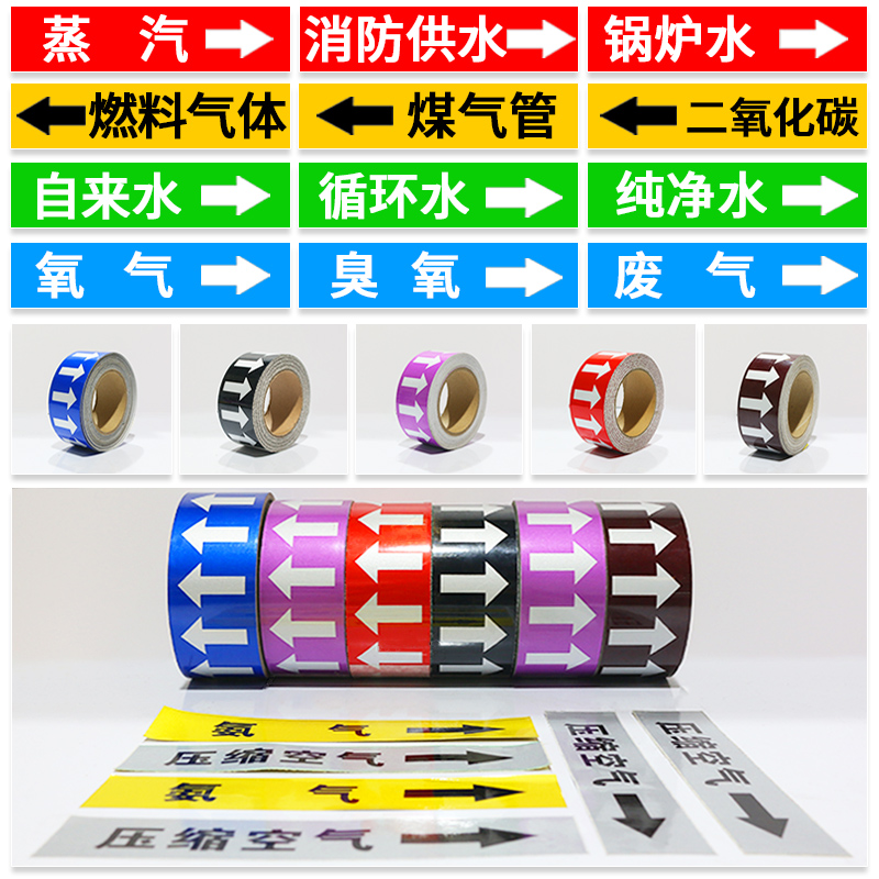 管道标识贴纸 管道标识流向箭头标志 介质管道标识牌压缩空气反光贴纸