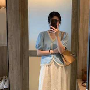 清仓特惠蓝色短款衬衫女设计感小众夏季ins韩版小个子短袖开衫
