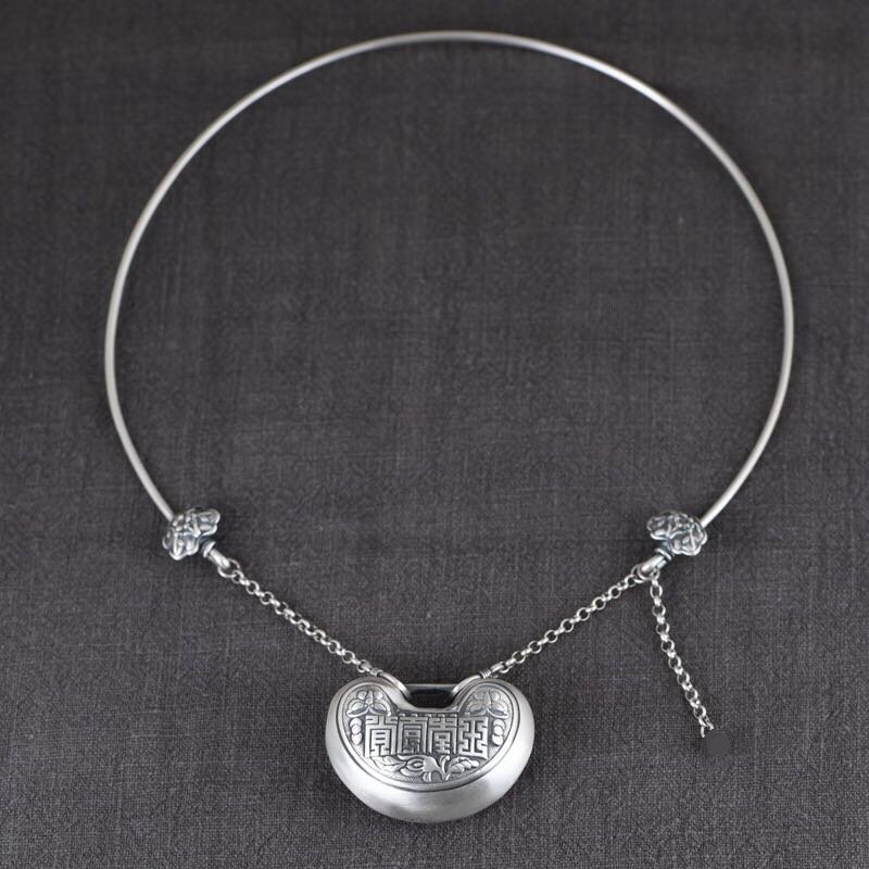 长命锁项圈女990足银复古民族风个性夸张如意锁包项链百搭银饰品