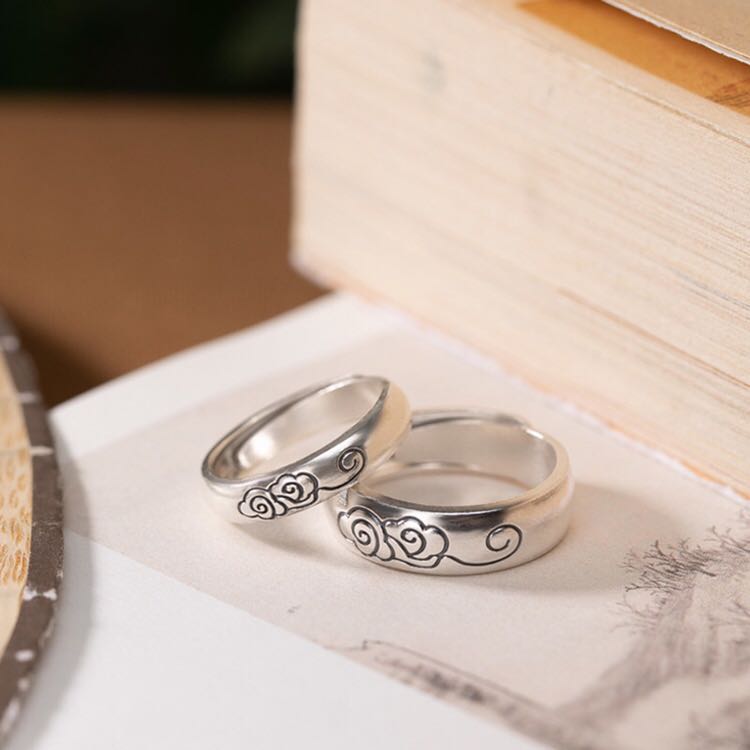 古法手工纯银戒指999足银饰品复古祥云男女情侣对戒指环开口设计