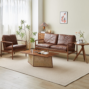 。北欧复古实木真皮沙发头层牛皮直排双三人家用客厅现代简约小户