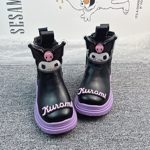 粉色儿童马丁靴女款短靴女搭配袜子的2023新款春秋款小皮鞋袜子靴