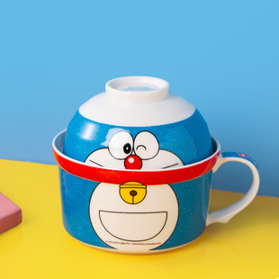 哆啦A梦泡面碗带盖学生可爱创意家用日式宿舍方便面大碗陶瓷餐具