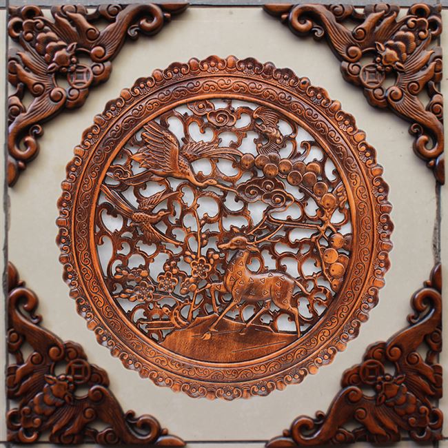 东阳实木雕花新中式装饰花格镂空角花香樟木挂件底座三角支架蝙蝠