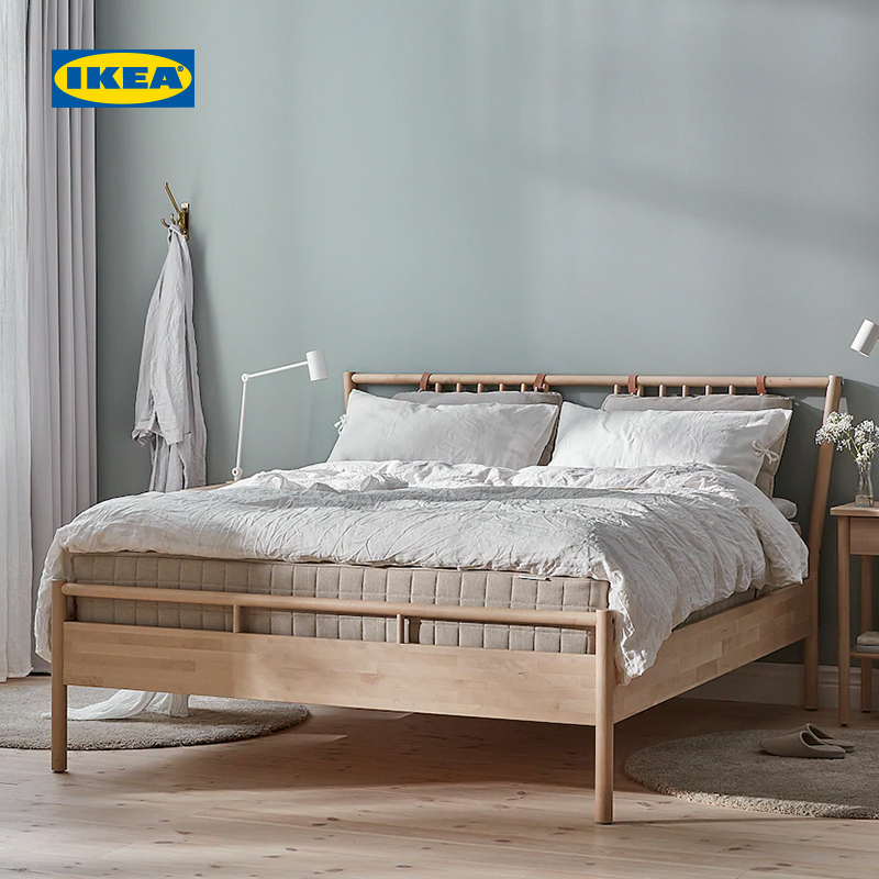 ikea宜家bjorksnas约纳斯床架双人床带靠垫木床架原木奶油风主卧