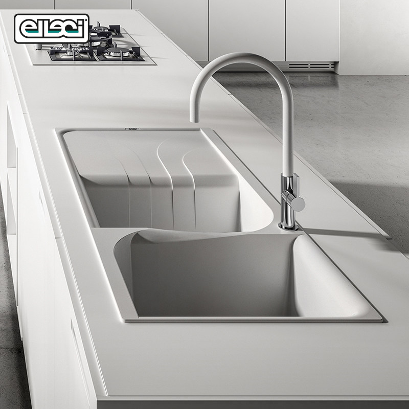 艾乐琪elleci爱歌500进口石英石水槽厨房洗菜池双槽花岗岩台上盆