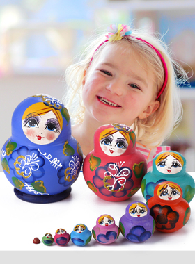 1 set 10pcs wood russian nesting doll hand paint blue girl m