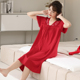 莫代尔红色睡裙女夏季短袖2024新款宽松大码薄款丝光棉睡衣裙结婚