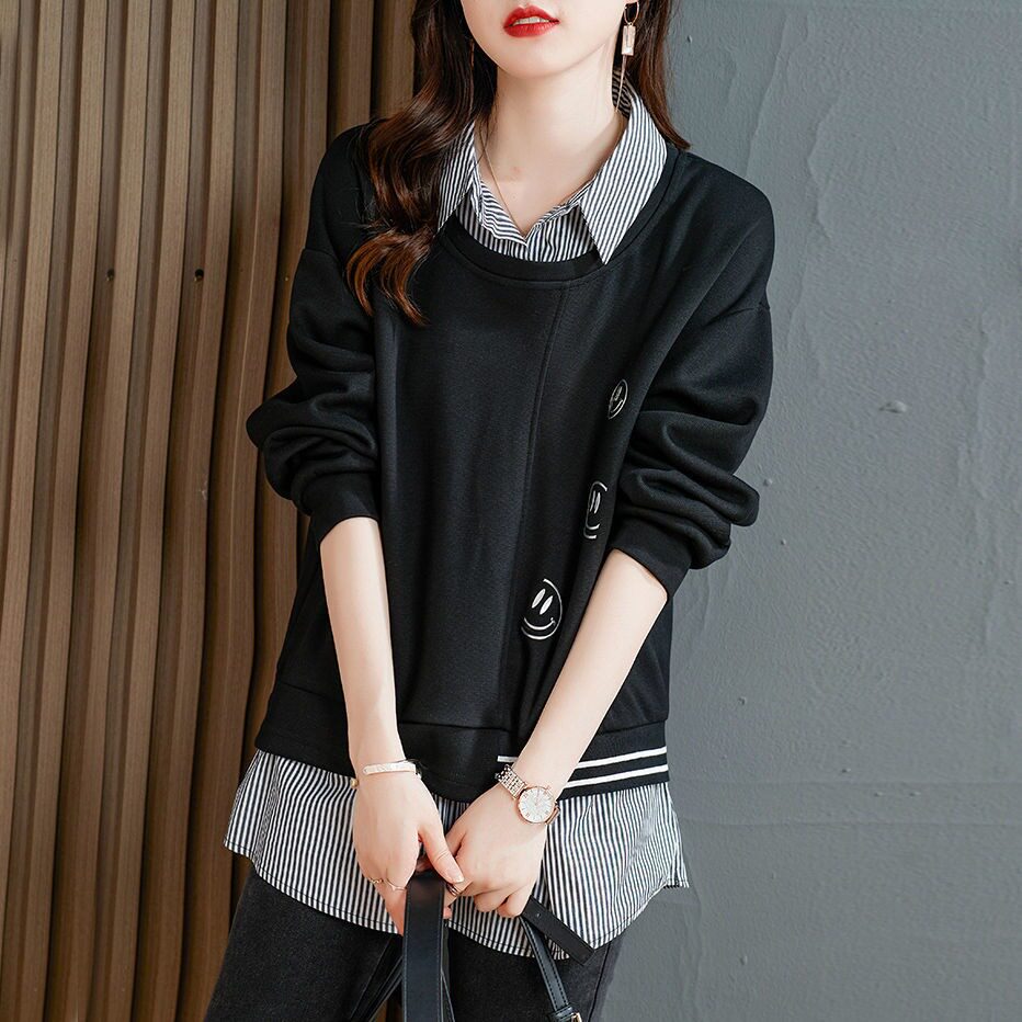 棉质假两件卫衣女2022春秋新款衬衫领刺绣上衣拼接宽松显瘦女装潮