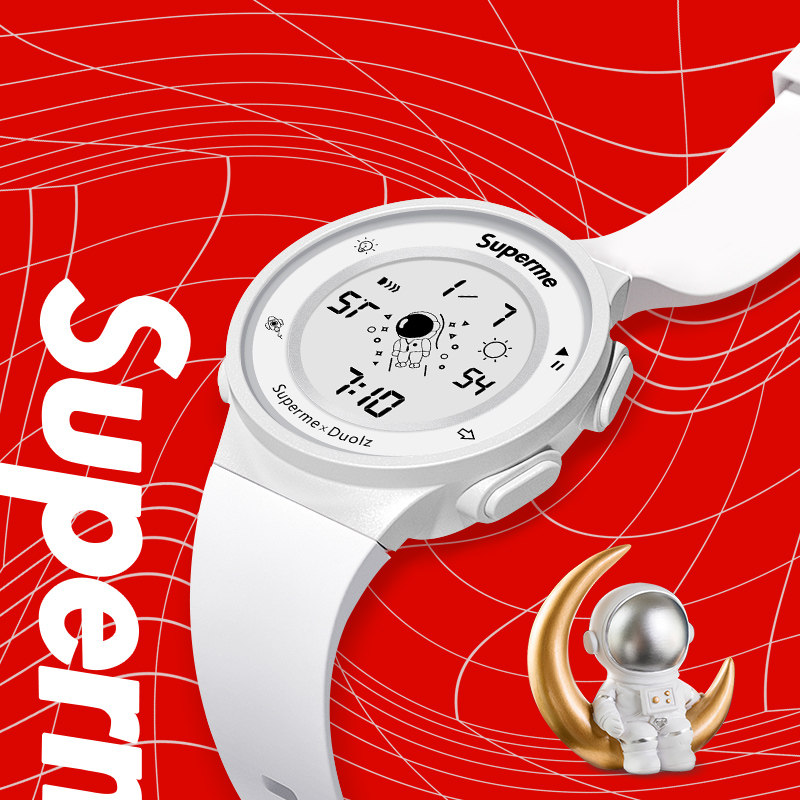 superme联名手表运动少女初高中学生女机械防水太空人电子表男女