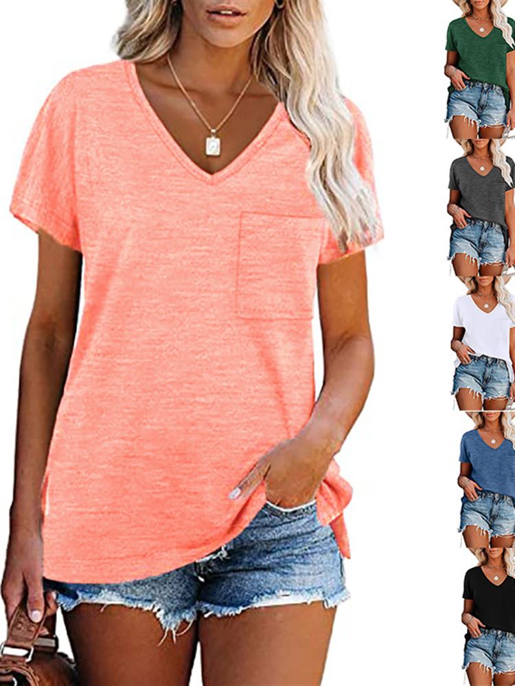 Summer new women's solid colour V-neck short sleeve T-shirts