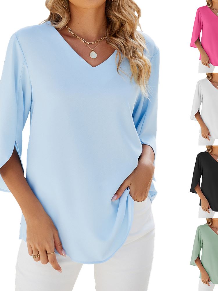 Summer New Solid Colour V-Neck Chiffon Shirt Women's Tops LL