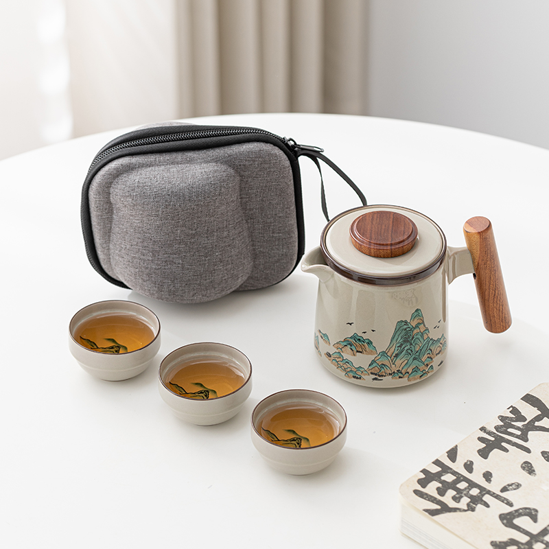 千里江山旅行功夫茶具随行陶瓷快客杯便携包户外露营泡茶套装定制