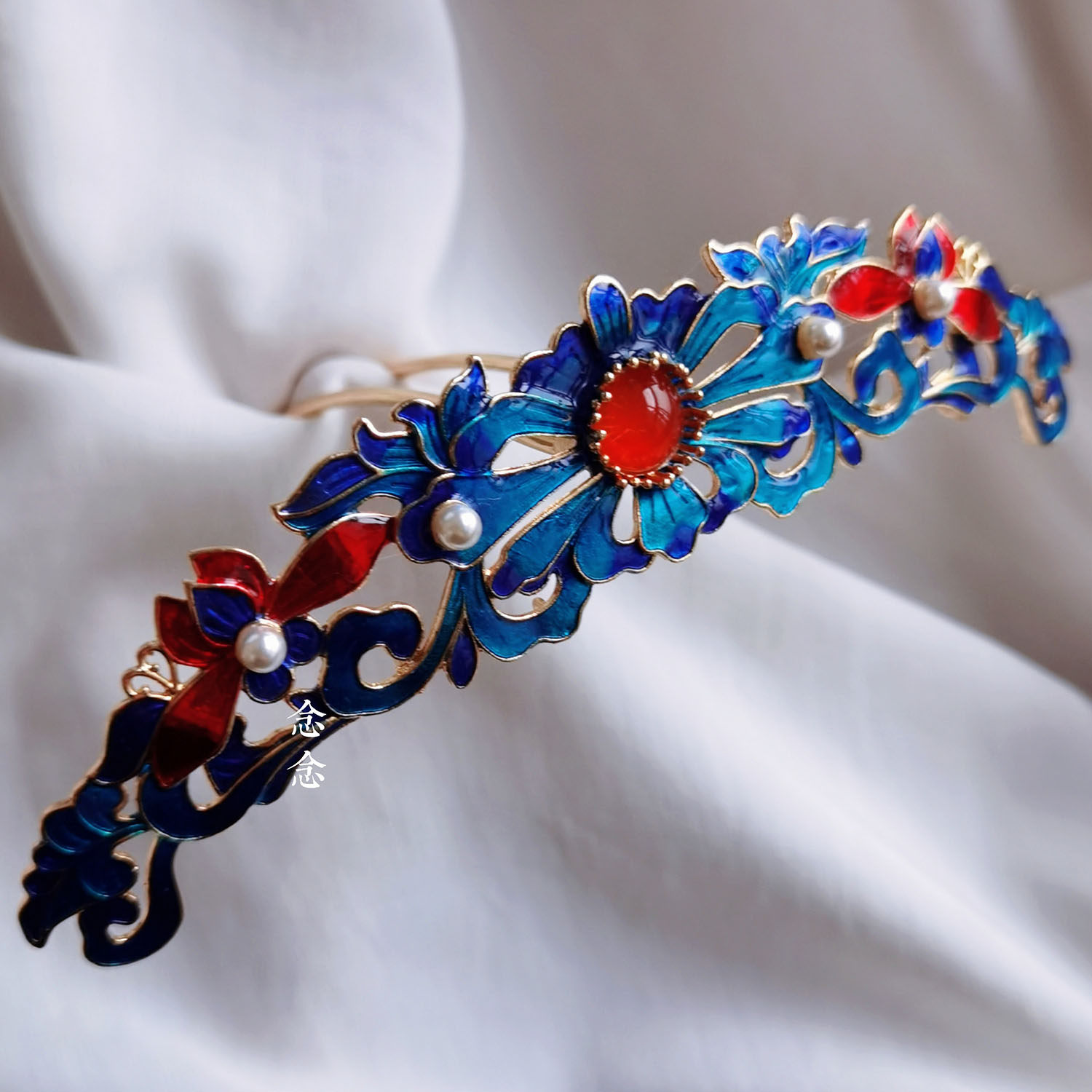 念念桃花烧蓝牡丹花发冠珍珠玛瑙对称顶簪发冠明制汉服发饰古典