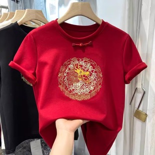 新中式国风红色短袖t恤女春夏季正肩体恤洋气复古盘扣亮片上衣