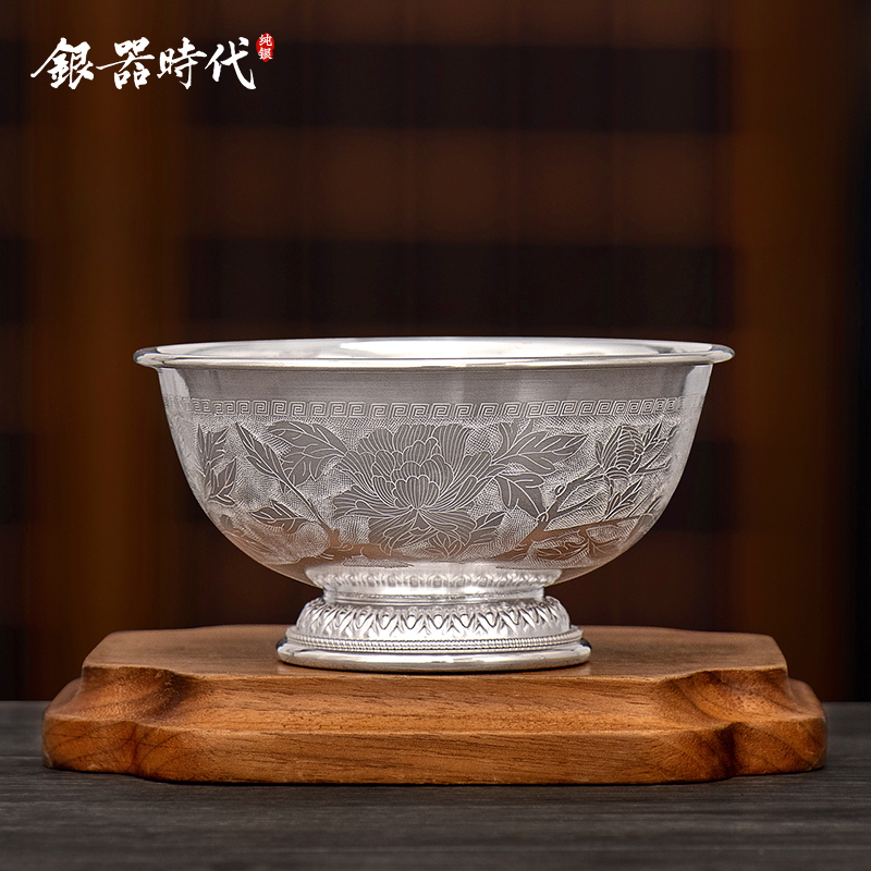银器时代 花开富贵银碗纯银999银餐具家用食用级手工成人足银饭碗