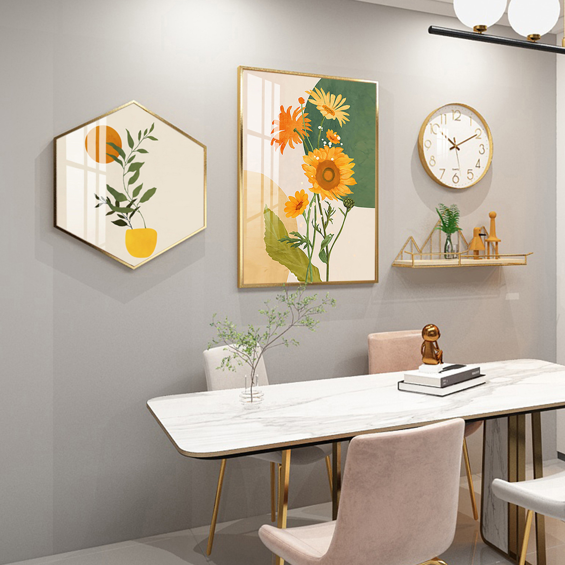向日葵餐厅装饰画带时钟简约现代餐桌饭厅背景墙壁画创意组合挂画