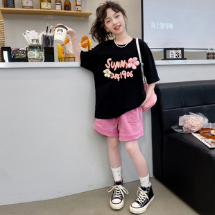 女童夏装套装2024新款韩版洋气小女孩夏季短袖短裤儿童运动两件套