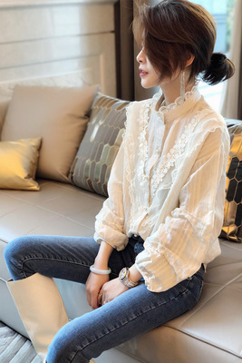 白色立领法式蕾丝拼接衬衣洋气上衣欧洲秋装衬衫