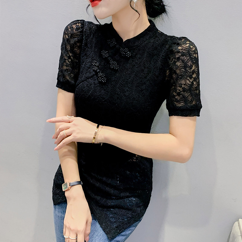 复古黑色蕾丝衫女短袖中国风不规则盘扣小衫夏季性感镂空雷丝上衣