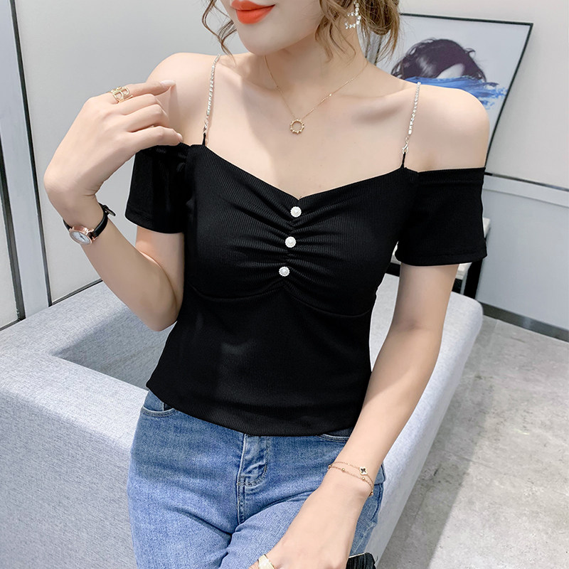 性感一字领吊带上衣心机镂空露肩t恤女短袖洋气钻链夏装修身半袖