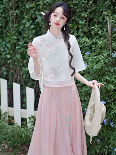新中式改良旗袍唐装上衣女2024新款夏季国风禅意茶服半身裙两件套
