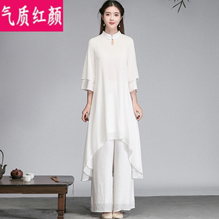 中国风禅意女装复古茶服禅修服居士服汉服雪纺连衣裙茶艺师服装