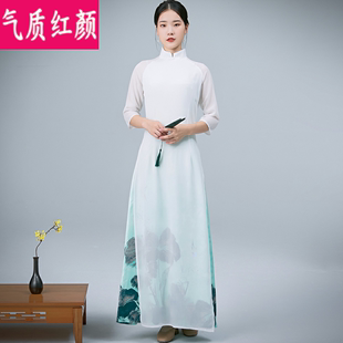 复古禅意茶服女改良唐装汉服旗袍中国风茶艺师服装白色仙气连衣裙