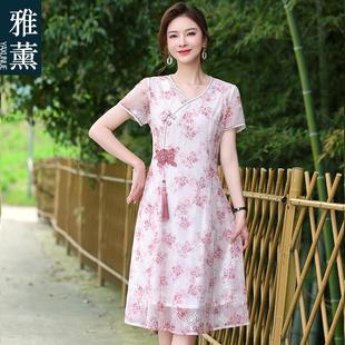 小个子洋气妈妈夏装连衣裙时尚中老年女裙子中国风中年母亲节衣服