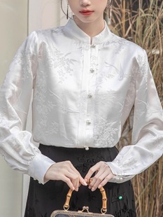 白色新中式国风真丝衬衫上衣2024年春季新款醋酸缎面气质女装衬衣
