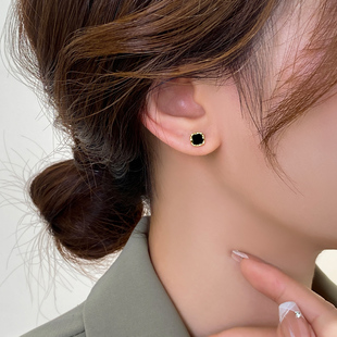 S999纯银针黑色方形耳钉2023年新款潮耳夹百搭高级感耳环个性耳饰