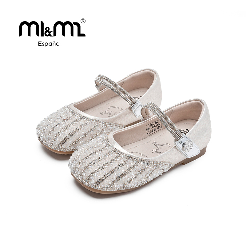 M1M2西班牙童鞋女童公主鞋2024年新款中大童女孩单鞋银色闪钻皮鞋