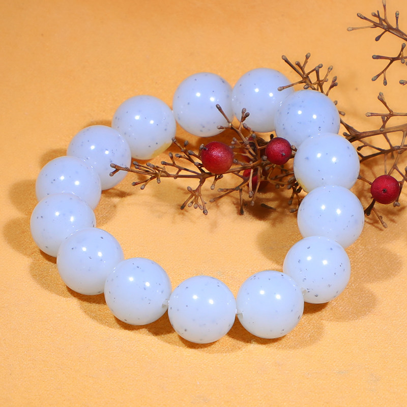 拾得玉艺新疆和田玉白玉籽料串墨点15mm圆珠单圈手串手链带皮盘玩