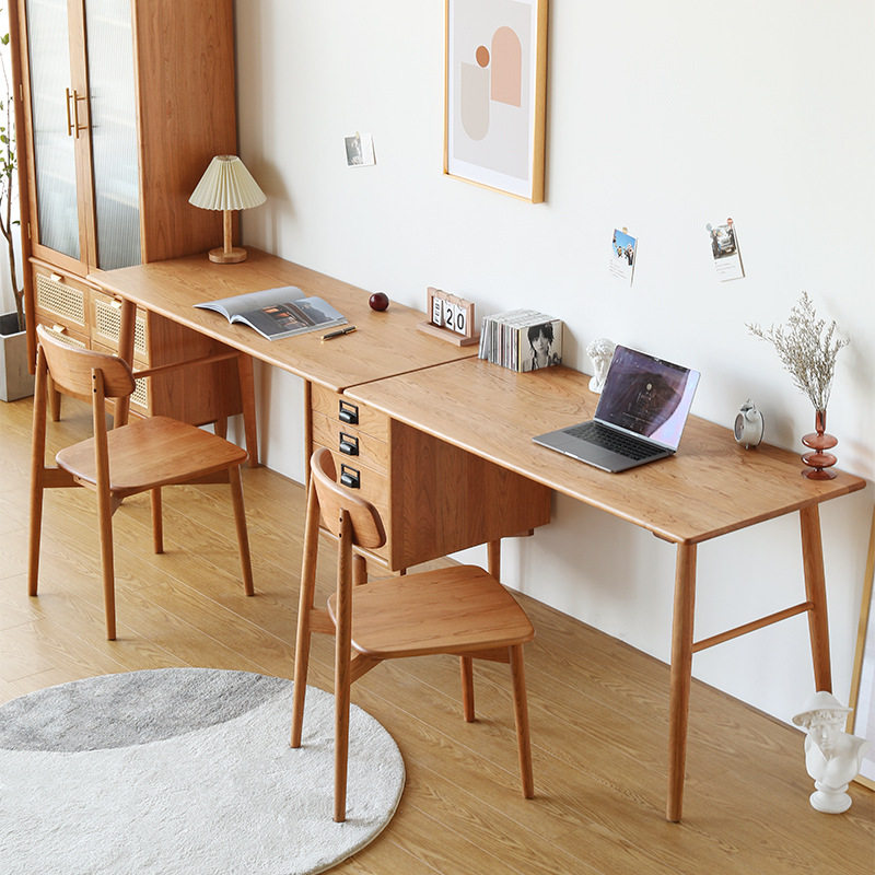 北欧实木书桌书柜一体电脑桌樱桃木写字台日式一字板双人办公桌