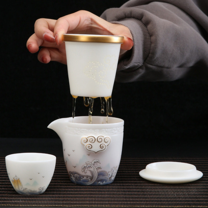 羊脂玉白瓷快客杯陶瓷素烧功夫茶具一壶两杯便携旅行茶具礼品