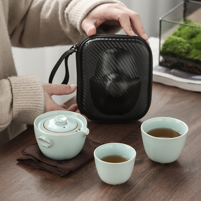 汝窑快客杯一壶二杯防烫旅行茶具套装户外功夫小套便携式礼品