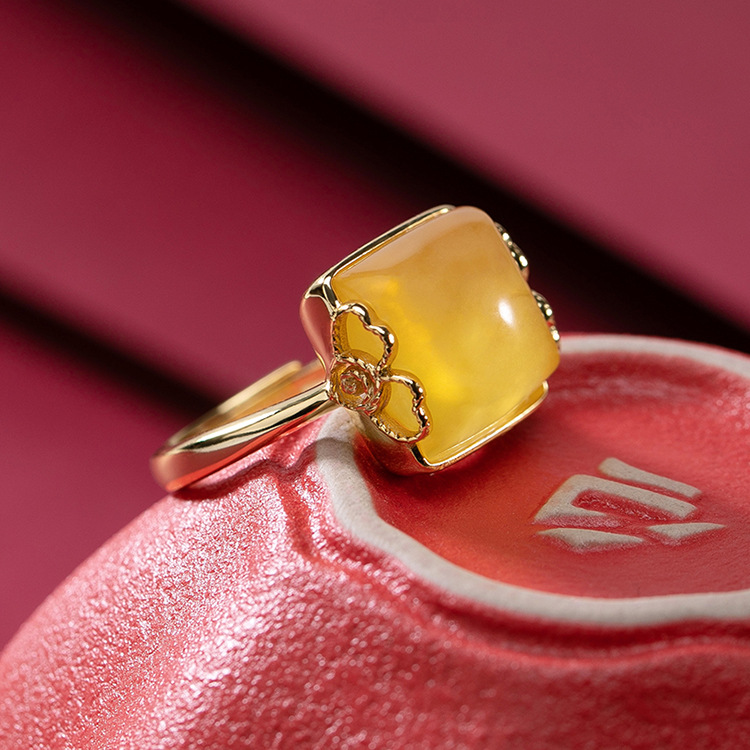 s925纯银镀金蜜蜡戒指个性复古国潮如意女士开口指环