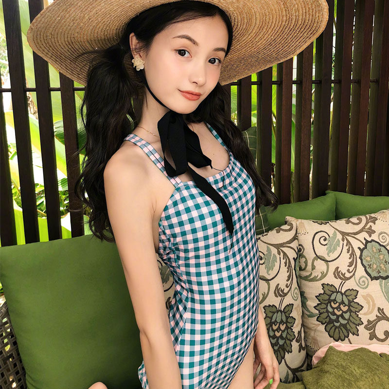 林小宅网红同款连体游泳衣小胸遮肚显瘦清新格子两件套游泳衣