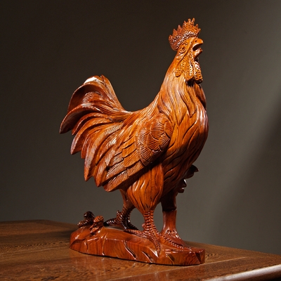 正品花梨木雕刻大公鸡摆件实木十二生肖鸡家居客厅电视柜装饰工艺