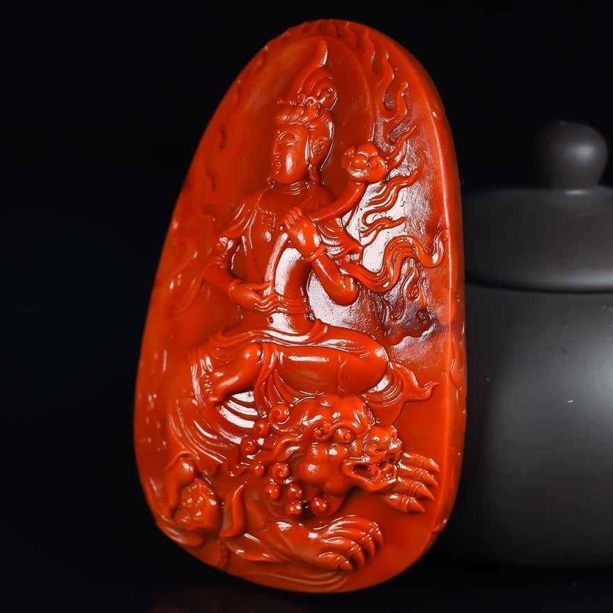 154.72g 收藏级川料 南红玛瑙文殊菩萨挂件