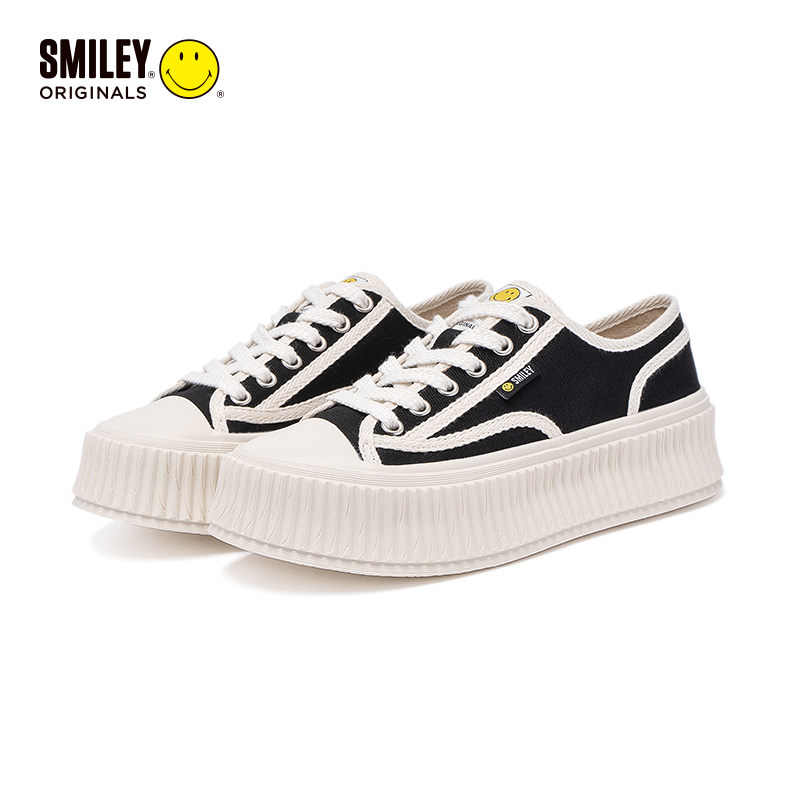 smiley03笑脸帆布鞋女22春夏新款厚底增高百搭休闲鞋系带平底单鞋