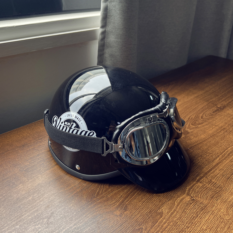 3C认证复古个性英文电动车头盔护目镜防晒男女通用电瓶车安全帽
