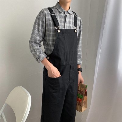 夏季宽松九分吊带裤男生韩版帅气学生休闲背带裤hbf工装连体裤潮