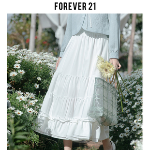 Forever21小清新白色半身裙早春款A字蛋糕裙高腰中长雪纺仙女裙子