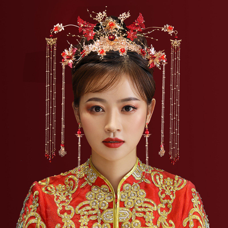 秀禾头饰新娘结婚复古中式禾服步摇大气凤冠古装秀禾服皇冠发饰女